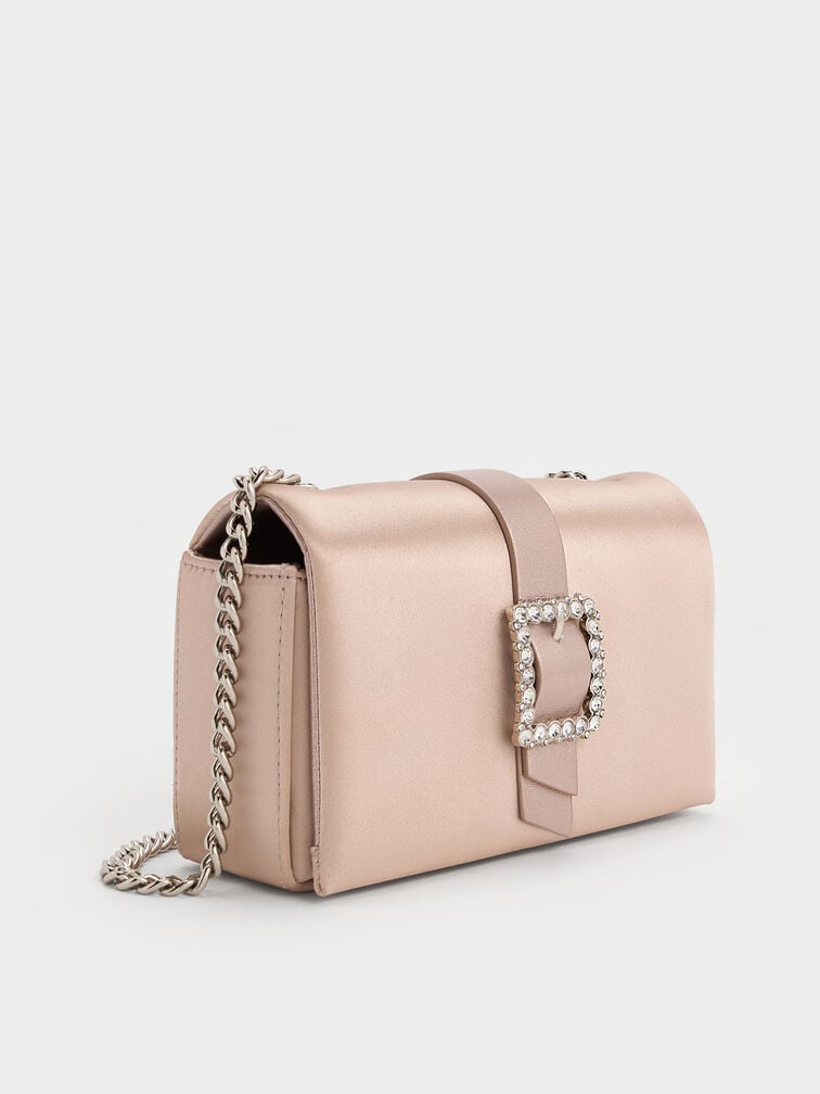Satin Crystal-Buckle Belted Chain-Handle Bag, Sunset Nude, hi-res