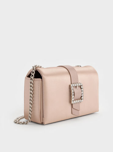 Satin Crystal-Buckle Belted Chain-Handle Bag, Sunset Nude, hi-res