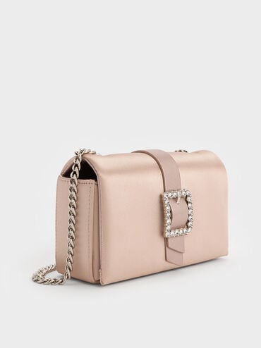 Satin Crystal-Buckle Belted Chain-Handle Bag, Sunset Nude, hi-res