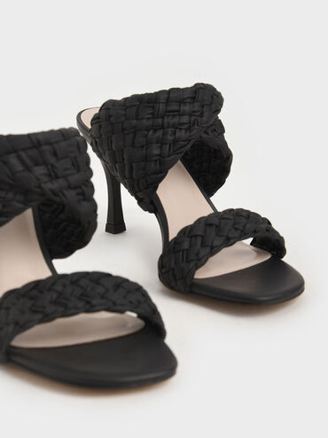 Double Strap Woven Heeled Mules, Black, hi-res