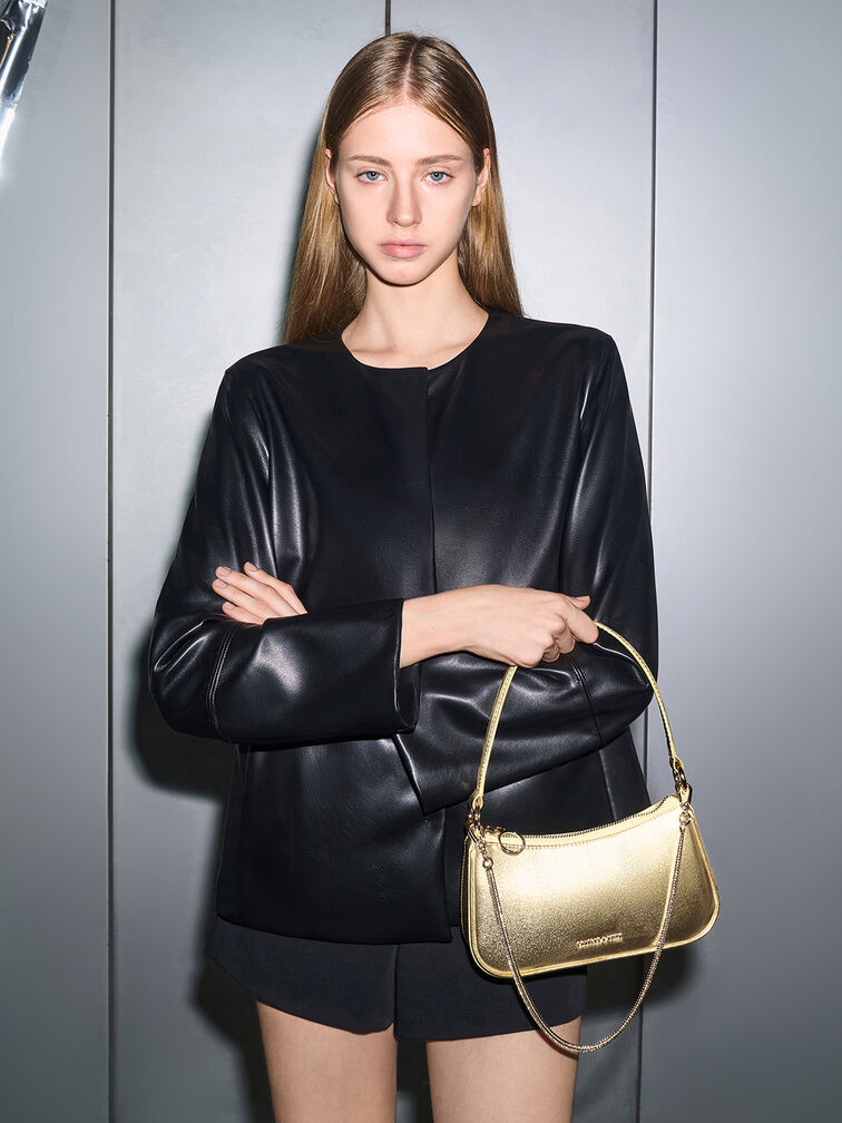 Elspeth Metallic Curved Shoulder Bag, Gold, hi-res
