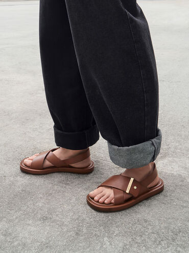 Crossover Back Strap Sandals, Cognac, hi-res
