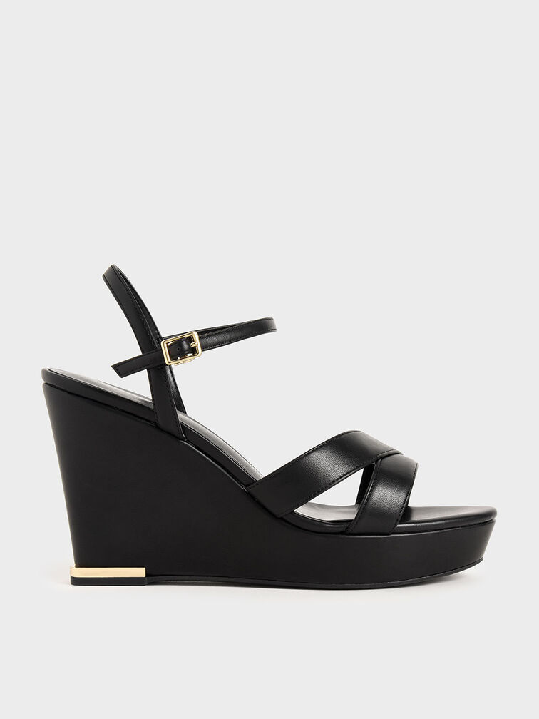 Asymmetric Strap Platform Wedges, Black, hi-res
