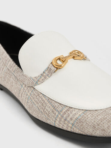 Metallic Accent Checkered Round-Toe Loafers, Grey, hi-res
