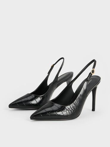 Croc-Embossed Stiletto Heel Slingback Pumps, Animal Print Black, hi-res