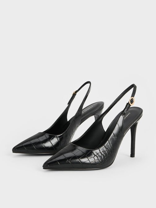Croc-Embossed Stiletto Heel Slingback Pumps, Animal Print Black, hi-res