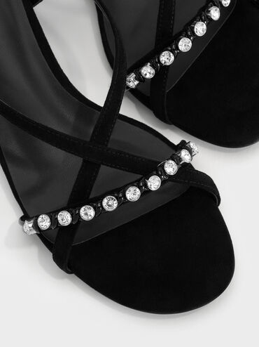 Faux Suede Gem Heeled Slingback Sandals, Black Textured, hi-res