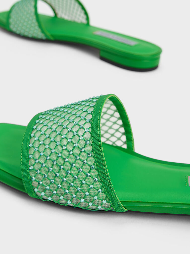 Gem-Encrusted Mesh Slide Sandals, Green, hi-res