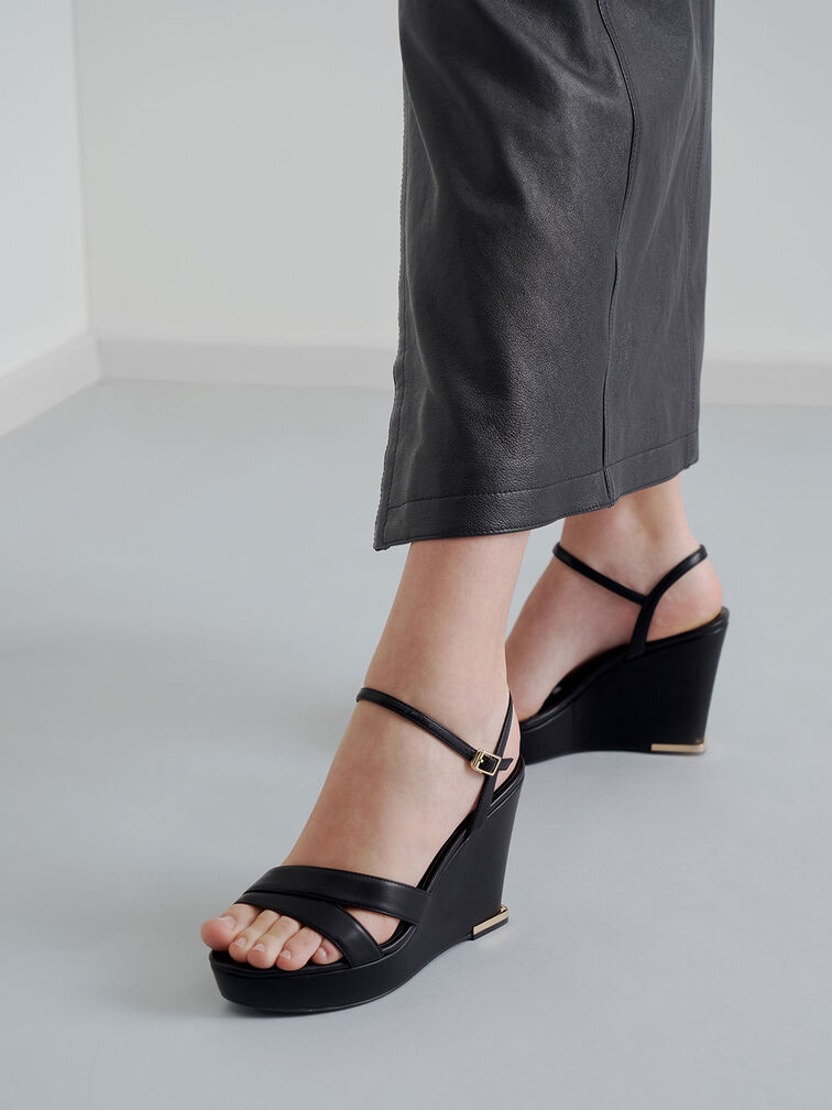Asymmetric Strap Platform Wedges, Black, hi-res