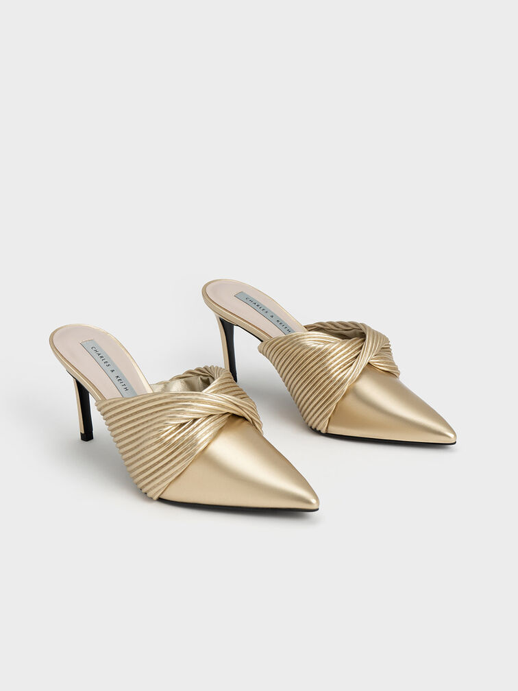 Pleated Wrap Heeled Mules, Gold, hi-res