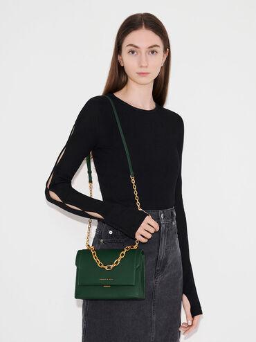 Front Flap Chain Handle Crossbody Bag, Dark Green, hi-res