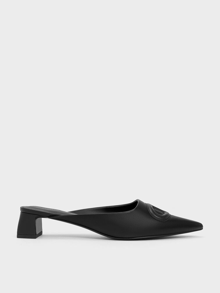 Oval Stitch-Trim Pointed-Toe Mules, Black, hi-res