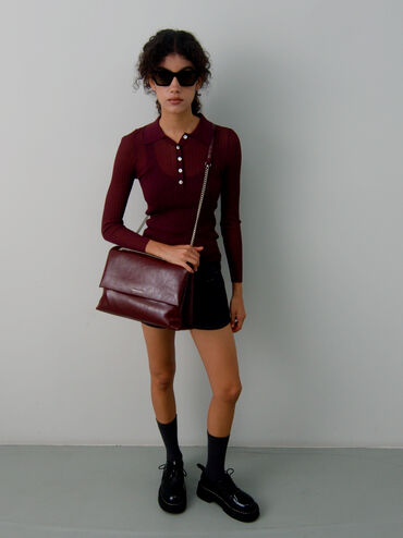 Sianna Chain-Handle Shoulder Bag, Burgundy, hi-res