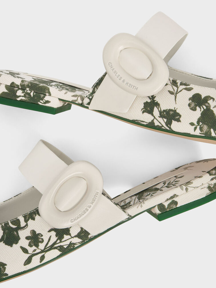 Floral-Print Oval-Buckle Flat Mules, Green, hi-res