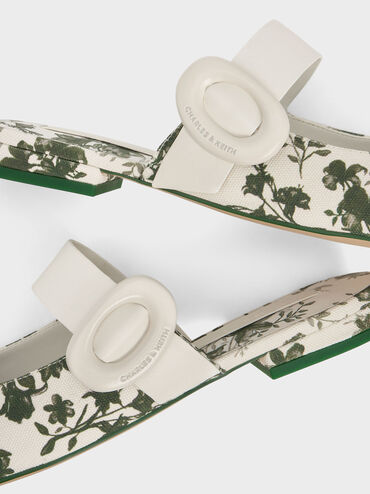 Floral-Print Oval-Buckle Flat Mules, Green, hi-res
