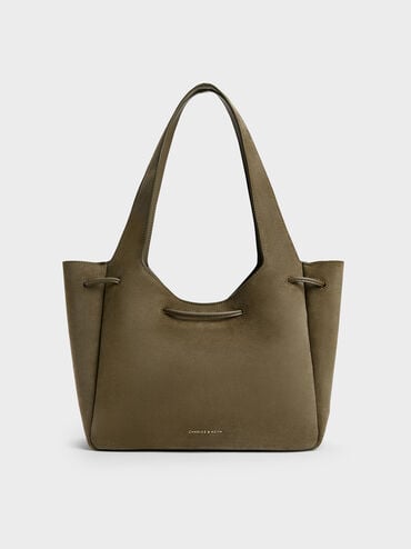 Mila Recycled Suede Metallic-Knot Drawstring Tote Bag, Deep Olive, hi-res