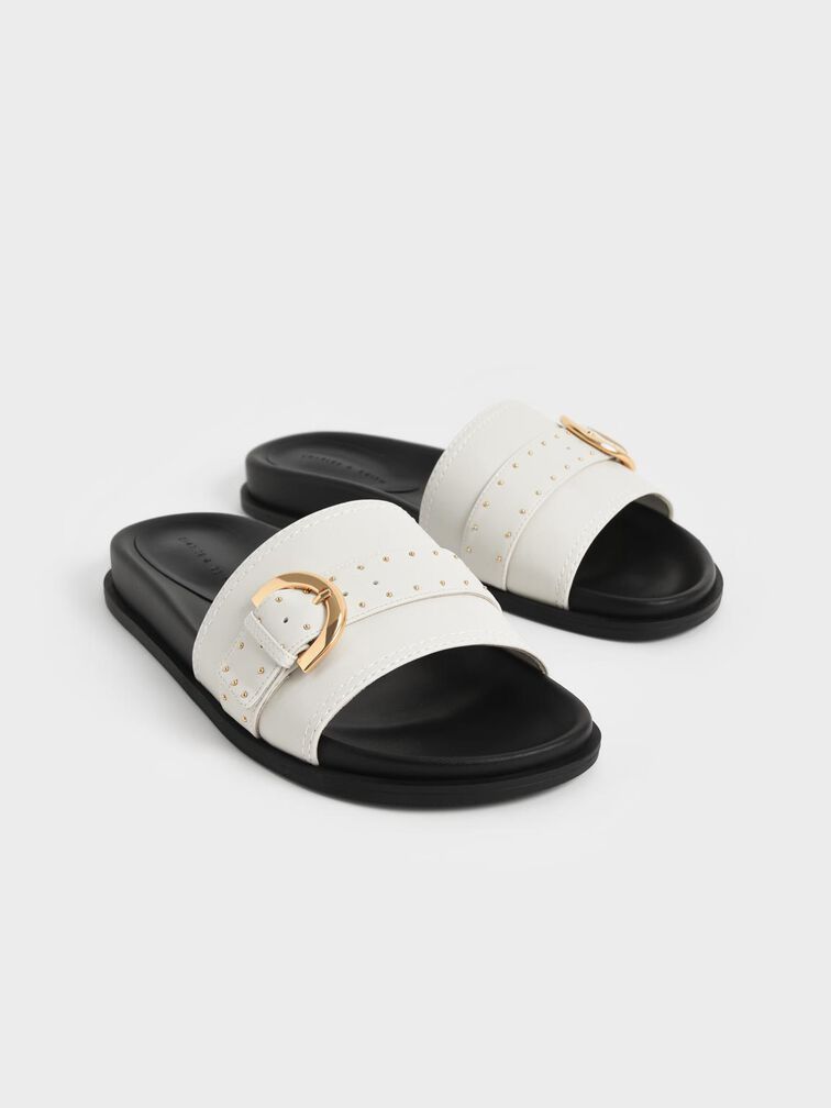 Studded Buckle Slide Sandals, Chalk, hi-res