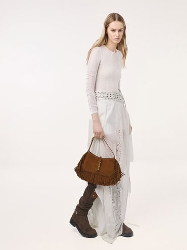 Cesia Recycled Suede Fringed Hobo Bag, Sienna Brown, hi-res