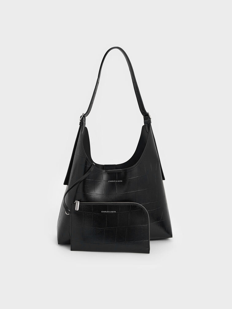 Liv Croc-Effect Hobo Bag, Noir, hi-res