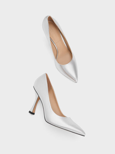 Metallic Leather Flared Heel Pumps, Silver, hi-res