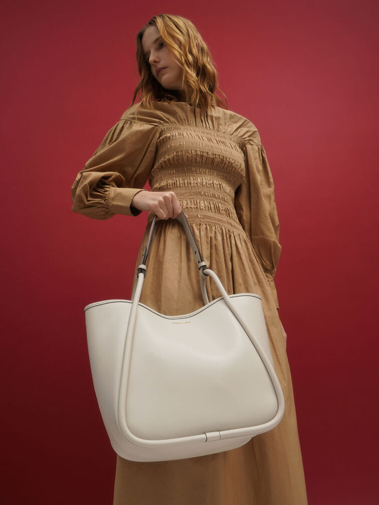 Large Stitch-Trim Slouchy Tote Bag, Cream, hi-res