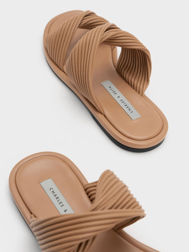 Pleated Twist Strap Slides, Sand, hi-res