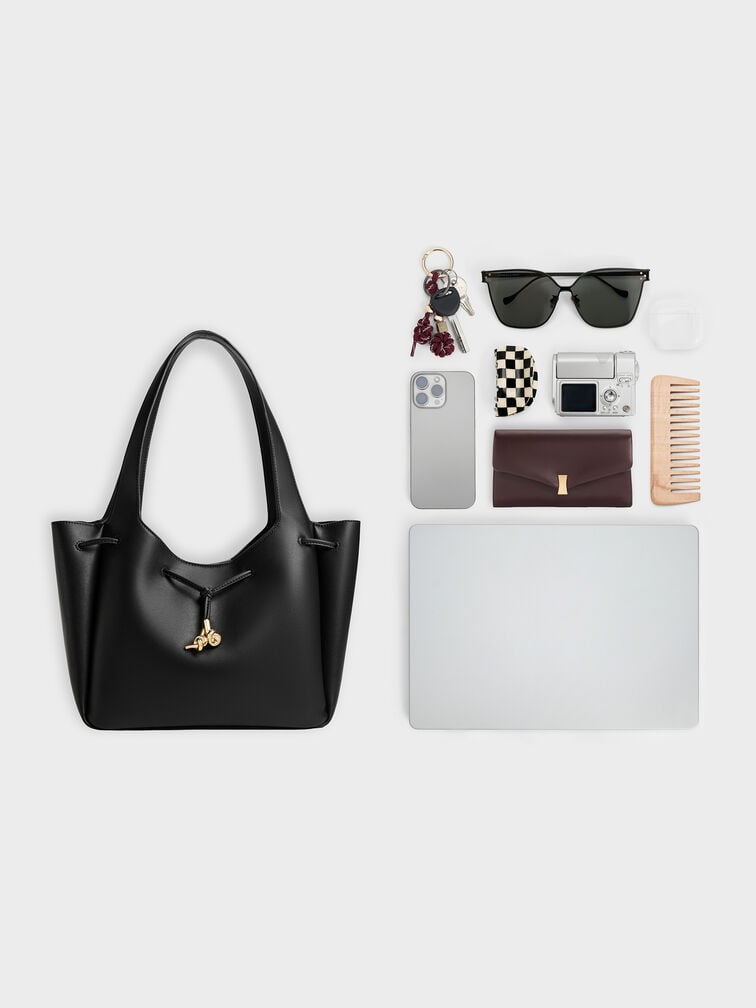 Mila Metallic-Knot Drawstring Tote Bag, Black, hi-res