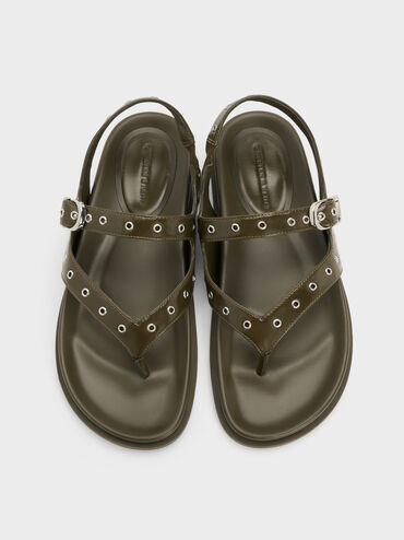 Grommet Thong Slingback Sandals, Olive, hi-res