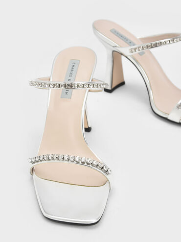 Metallic Gem-Encrusted Heeled Sandals, Silver, hi-res