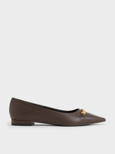 Chain-Link Pointed-Toe Ballet Flats, Brown, hi-res