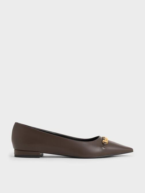 Chain-Link Pointed-Toe Ballet Flats, Brown, hi-res