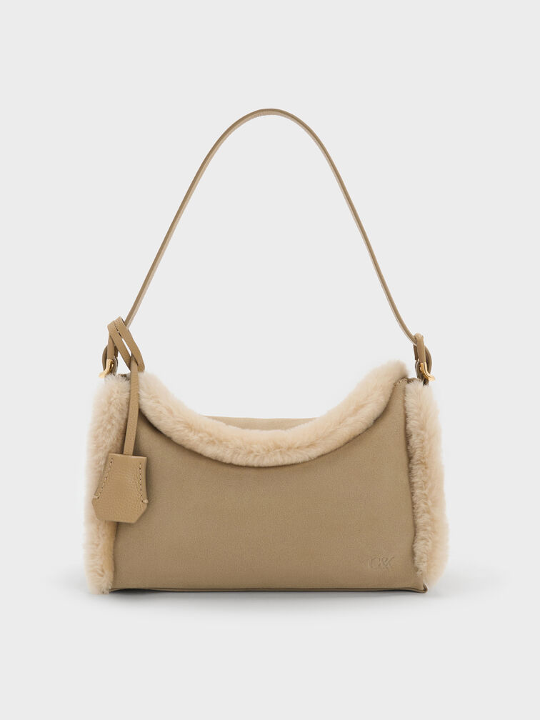 Suede Shearling-Lined Top-Flap Hobo Bag, Sable Beige, hi-res