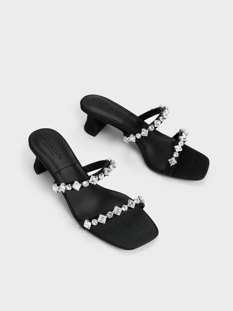 Glittered Gem-Encrusted Sculptural Heel Mules, Black, hi-res