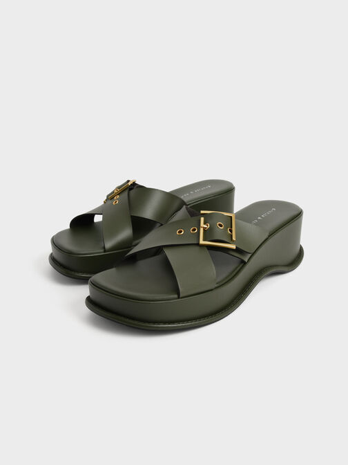 Buckled Crossover Curved Platform Sandals, Olive, hi-res