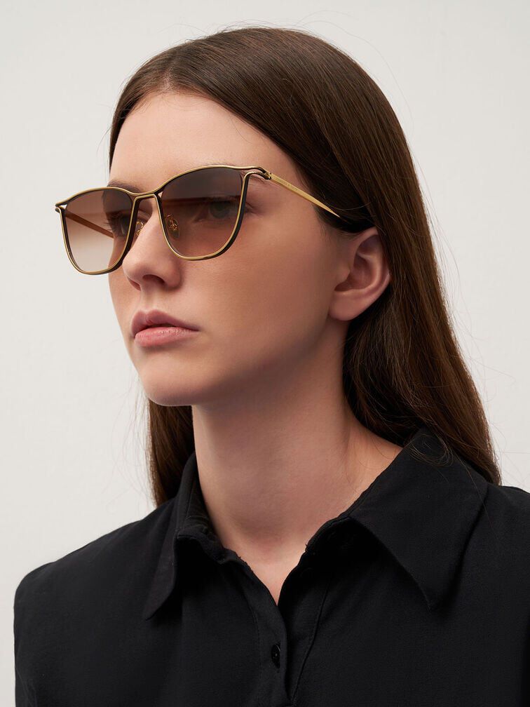 Two-Tone Wire Frame Butterfly Sunglasses, Gold, hi-res