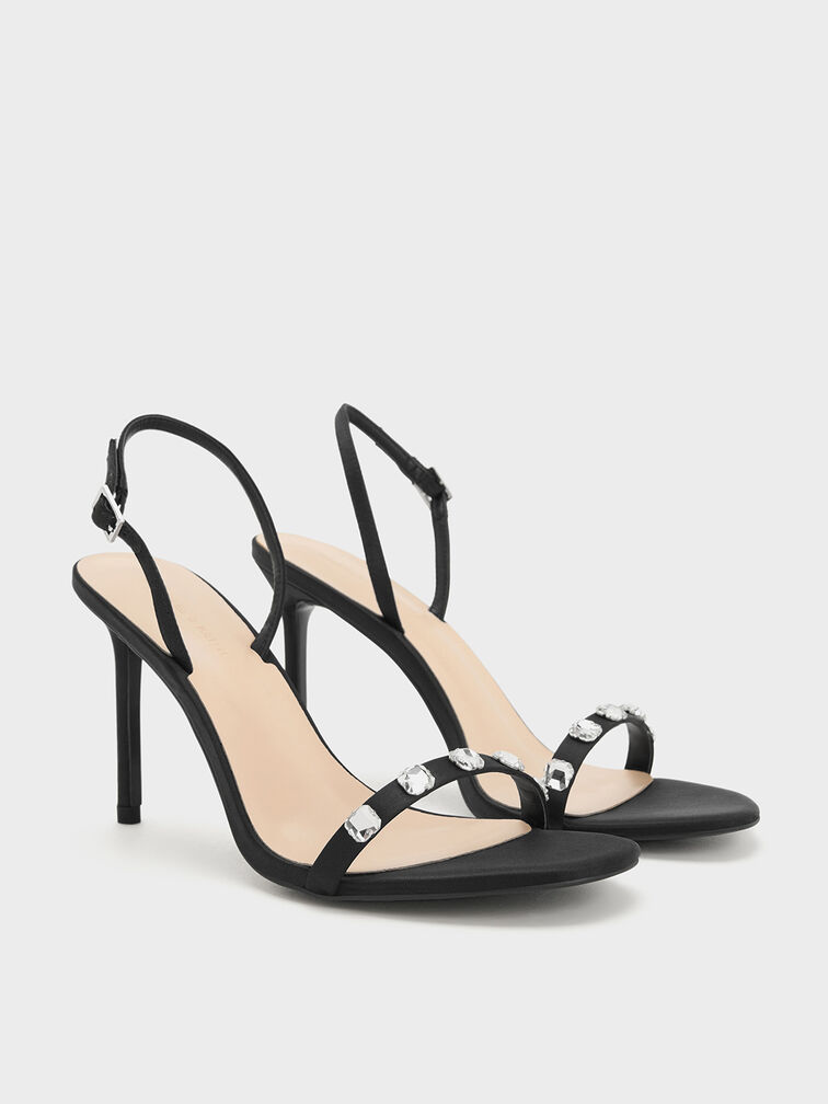 Recycled Polyester Gem-Embellished Heeled Slingback Sandals, Black Textured, hi-res