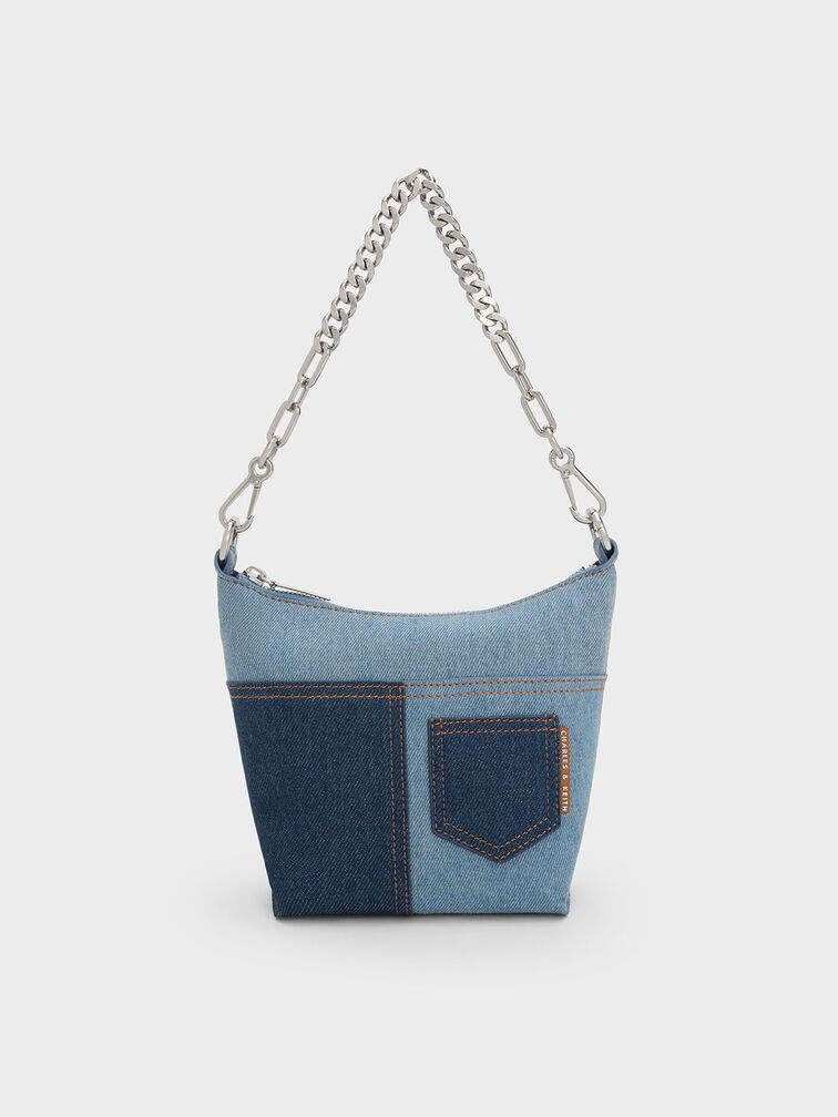 Anthea Denim Contrast-Trim Shoulder Bag, Denim Blue, hi-res