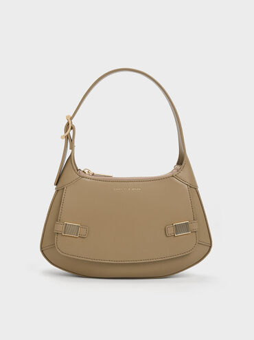 Metallic-Accent Curved Shoulder Bag, Taupe, hi-res