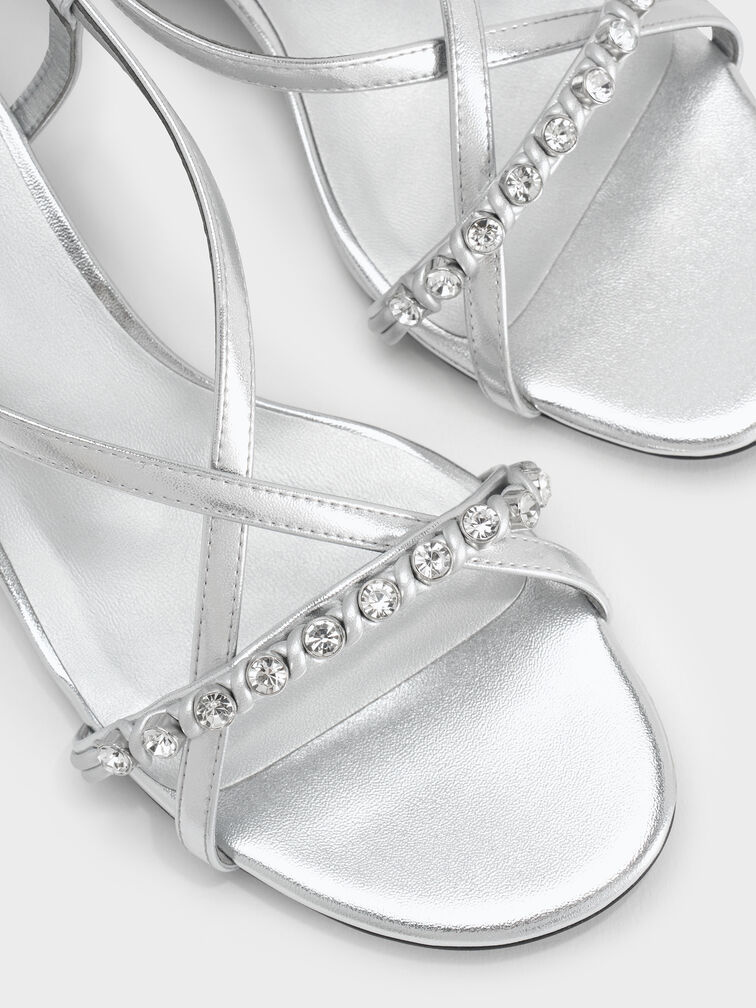 Metallic Gem Heeled Slingback Sandals, Silver, hi-res