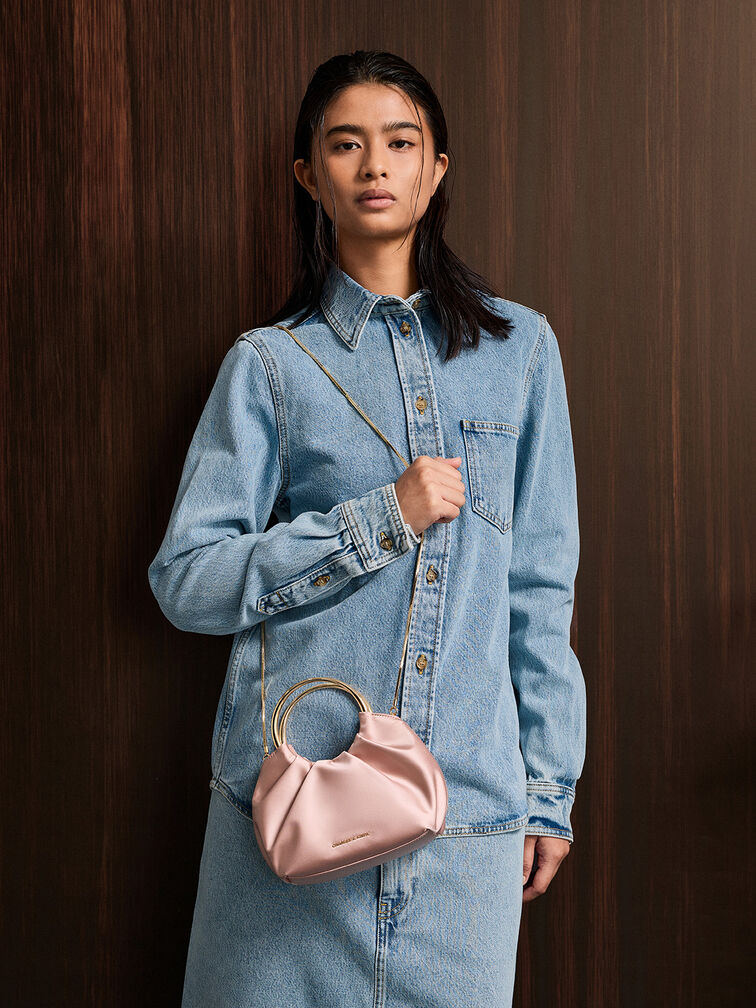 Satin Ruched Ring-Handle Bag, Ballerina Pink, hi-res
