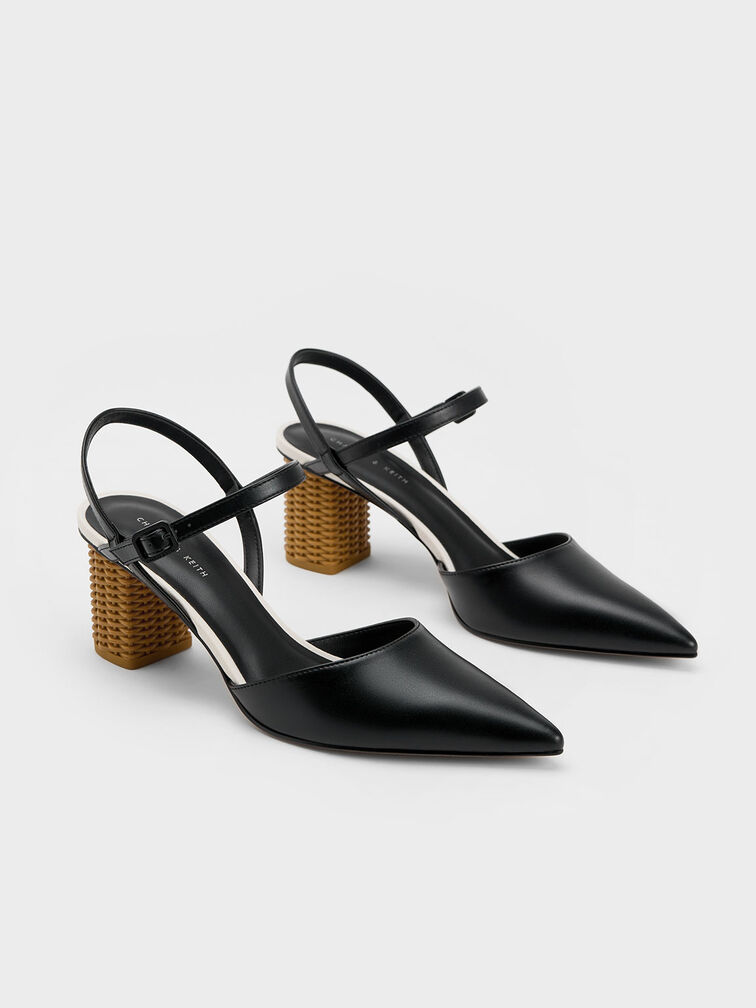 Rattan Block Heel Pumps, Black, hi-res