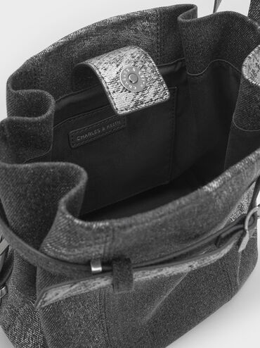 Bryna Brushed Denim Belted Bucket Bag, Silver Brushed Denim, hi-res