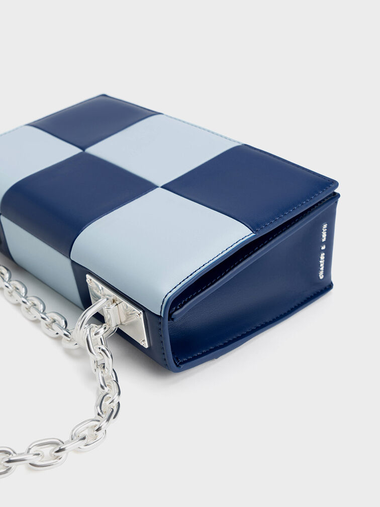 Georgette Chain Handle Checkered Bag, Navy, hi-res