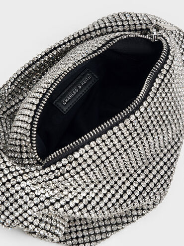 Crystal-Embellished Knotted-Strap Shoulder Bag, Silver, hi-res