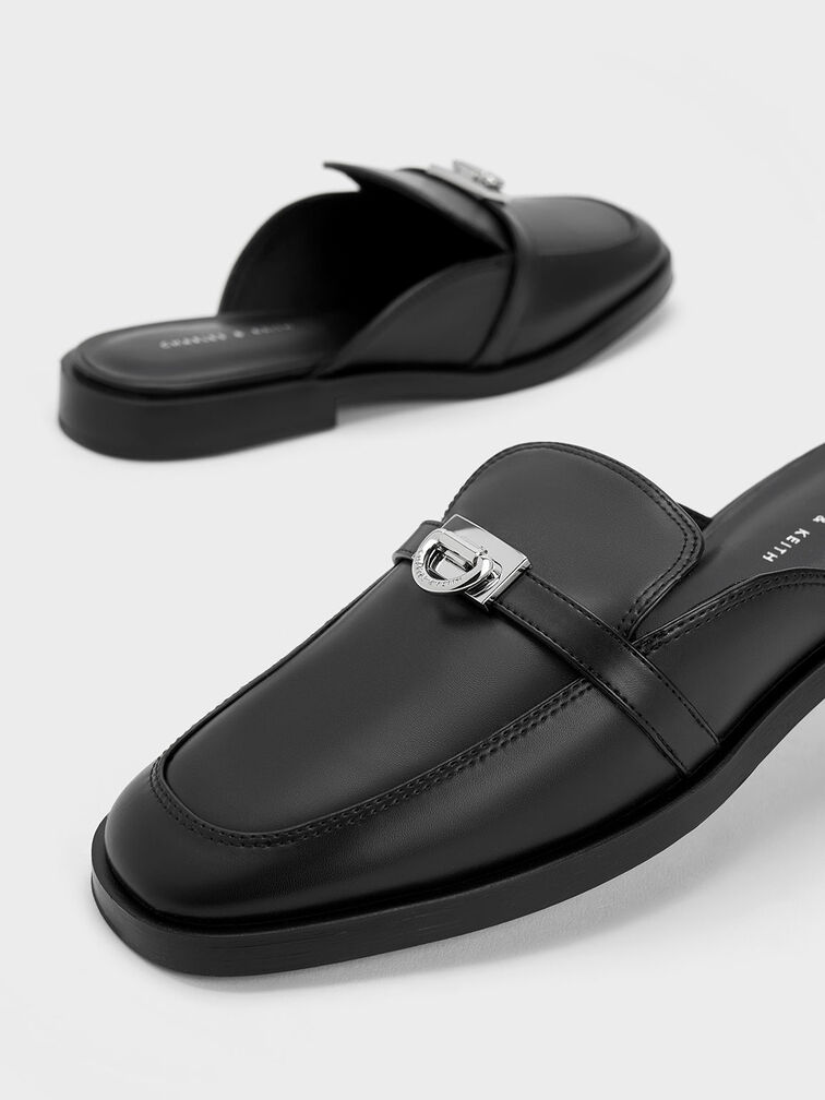 Metallic Accent Loafer Mules, Black, hi-res