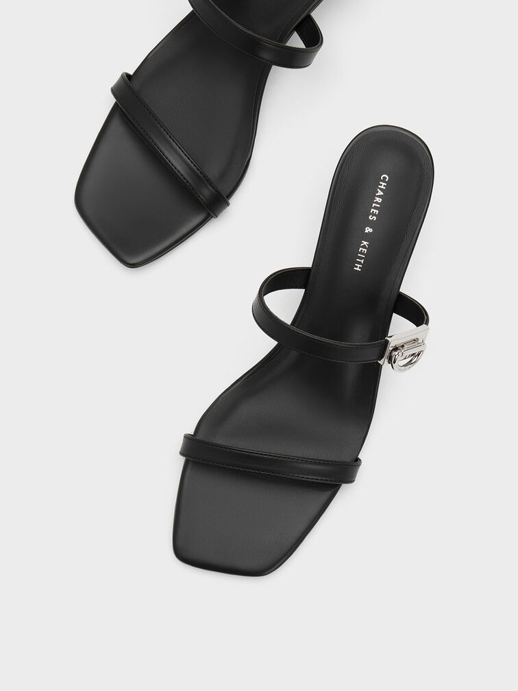 Metallic Accent Double Strap Mules, Black, hi-res