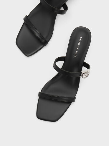 Metallic Accent Double Strap Mules, Black, hi-res