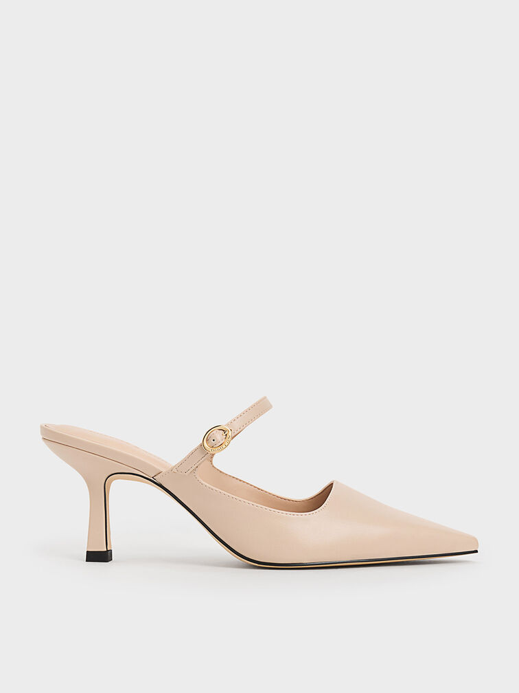 Buckle-Strap Heeled Mules, Nude, hi-res