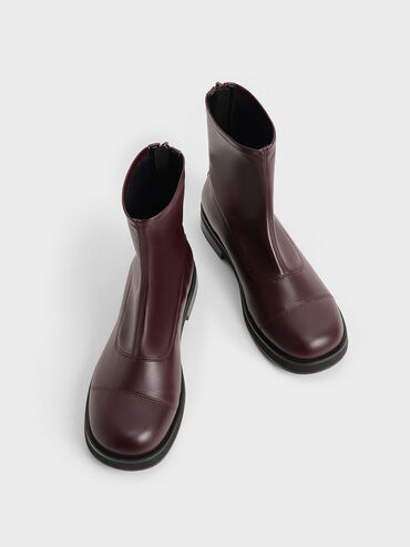 Round Toe Zip-Up Ankle Boots, Burgundy, hi-res