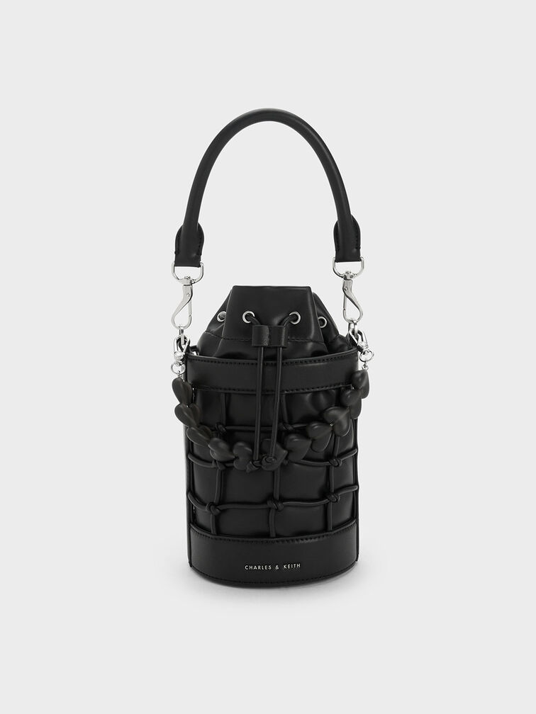 Heart Motif Caged Bucket Bag, Black, hi-res